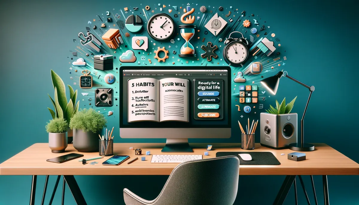 Photo of a sleek, modern desk featuring a high-end computer setup, smartphone, and indoor plants. An ergonomic chair is positioned in front, inviting viewers. The computer screen displays an open blog post titled '5 Habits That Will Transform Your Digital Life'. To the left, a notepad has doodles symbolizing the five habits: a mini trash can for 'Declutter', a crossed-out bell for 'Turn Off Notifications', a keyboard for 'Master Shortcuts', a gear for 'Automate', and a Zen-like face for 'Digital Detox'. Floating above are whimsical representations of time like an hourglass and clock, disintegrating into digital pixels. In the bottom right, 3D buttons read 'Subscribe' and 'Book a Call' with a caption 'Ready for a Digital Transformation?'. The color scheme blends shades of blue, teal, and earth tones.