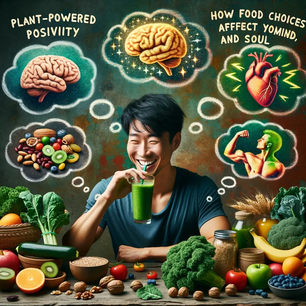 Photo of a rustic wooden table with a colorful spread of fruits, veggies, and whole grains, emanating health and vitality. On one side, an Asian individual with a radiant smile sips a bright green kale smoothie. Around this person are thought bubbles: one illustrates a sparkling brain symbolizing mental sharpness from Omega-3s; another showcases a glowing heart denoting emotional wellness; and a third displays a strong, flexing arm emphasizing physical health. These bubbles also point to respective foods like walnuts, beans, or blueberries. The blog title 'Plant-Powered Positivity: How Food Choices Affect Your Mind, Body, and Soul' overlays the image in bold typography. An earthy and vibrant color palette of greens, browns, and the bright hues of the fruits and veggies dominate the scene.