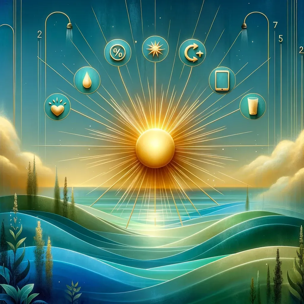 Photo representation of a serene backdrop with soft blues and greens. In the center, there's a vibrant golden sun. Rays of light extend from the sun, each ray leading to an icon. The icons include: a glass of water for hydration, a shower head for cold showers, a smartphone with a pause symbol for digital detox, and a heart with the word 'Gratitude' to represent gratitude practices. Faded numbers, percentages, and miniature bar graphs are subtly scattered in the background. The color transitions from deep blues and cool greens at the bottom to vibrant teal and aqua at the top. A logo is positioned at the bottom left corner, and on the opposite corner, there's a 'Read Me' button.