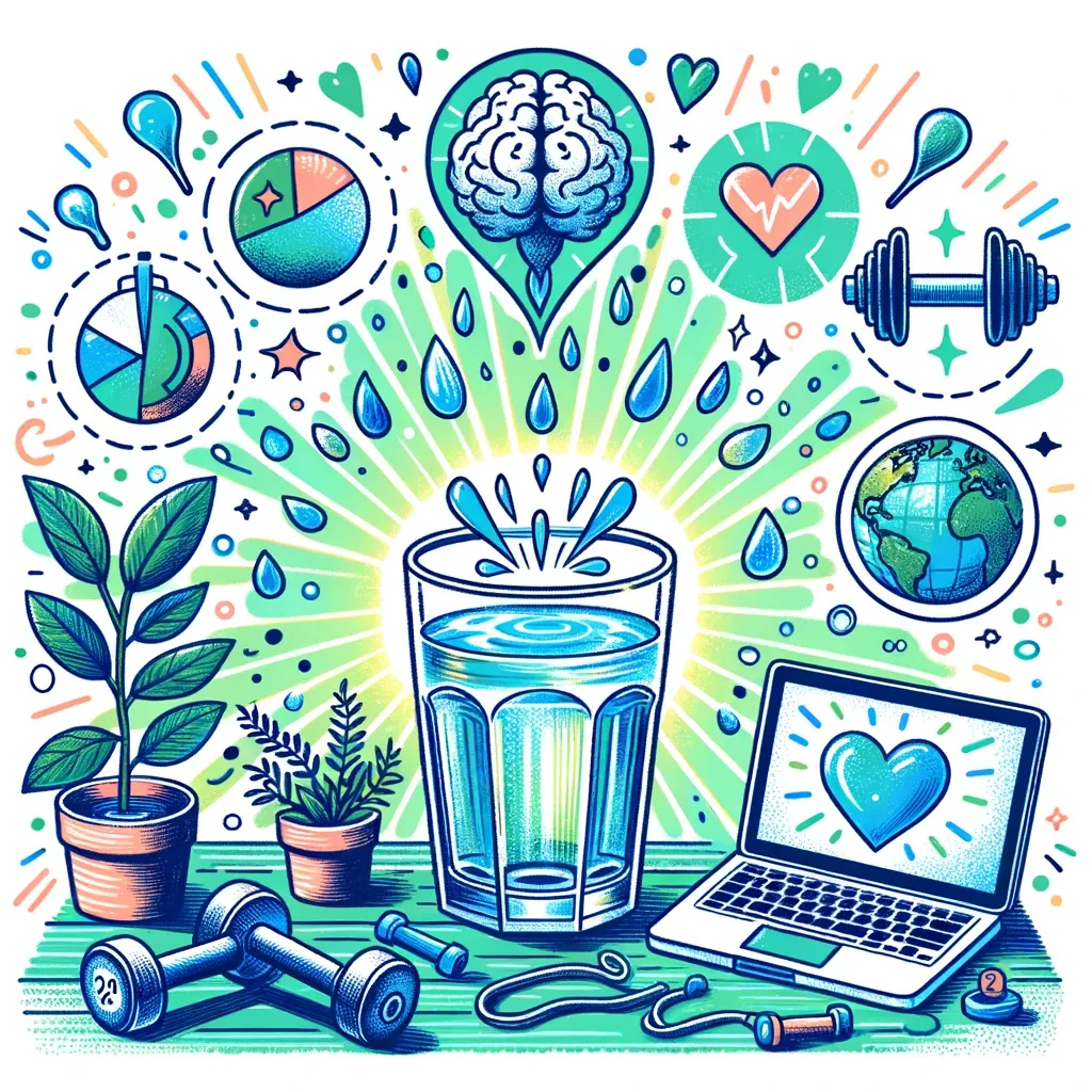 Illustration with a lively mix of blues and greens. Central focus is a glass of water on a wooden table, radiating light. Surrounding the glass are elements representing wellness: a thriving plant, a laptop showing a productivity tool, dumbbells, and a yoga mat. Small icons - a brain, heart, and water droplet - connect to the glass with water stream-like lines. The text 'Hydration Hacks: The Science of Water for Your Wellness' is in a modern, handwritten-style font.