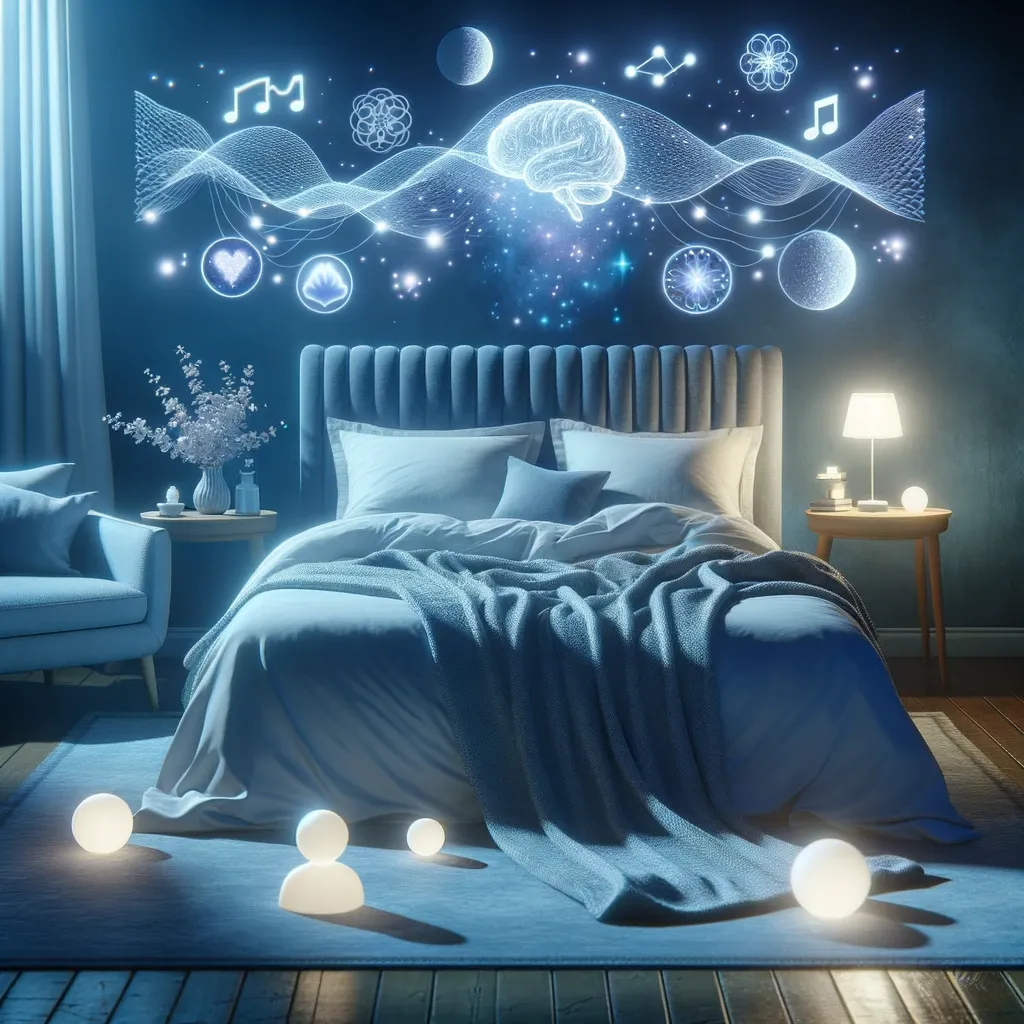 Photo of a tranquil bedroom setting illuminated by soft, twilight-blue lights. The central focus is a plush bed, invitingly laid out with a weighted blanket and soft pillows. Floating around the room are 3D representations of sleep science elements like REM cycle phases, hormone release patterns, and a glowing brain that emits gentle, pulsing waves. The overall ambiance is calm, peaceful, and enveloping, providing a sensory experience of the blog's theme on deep sleep.