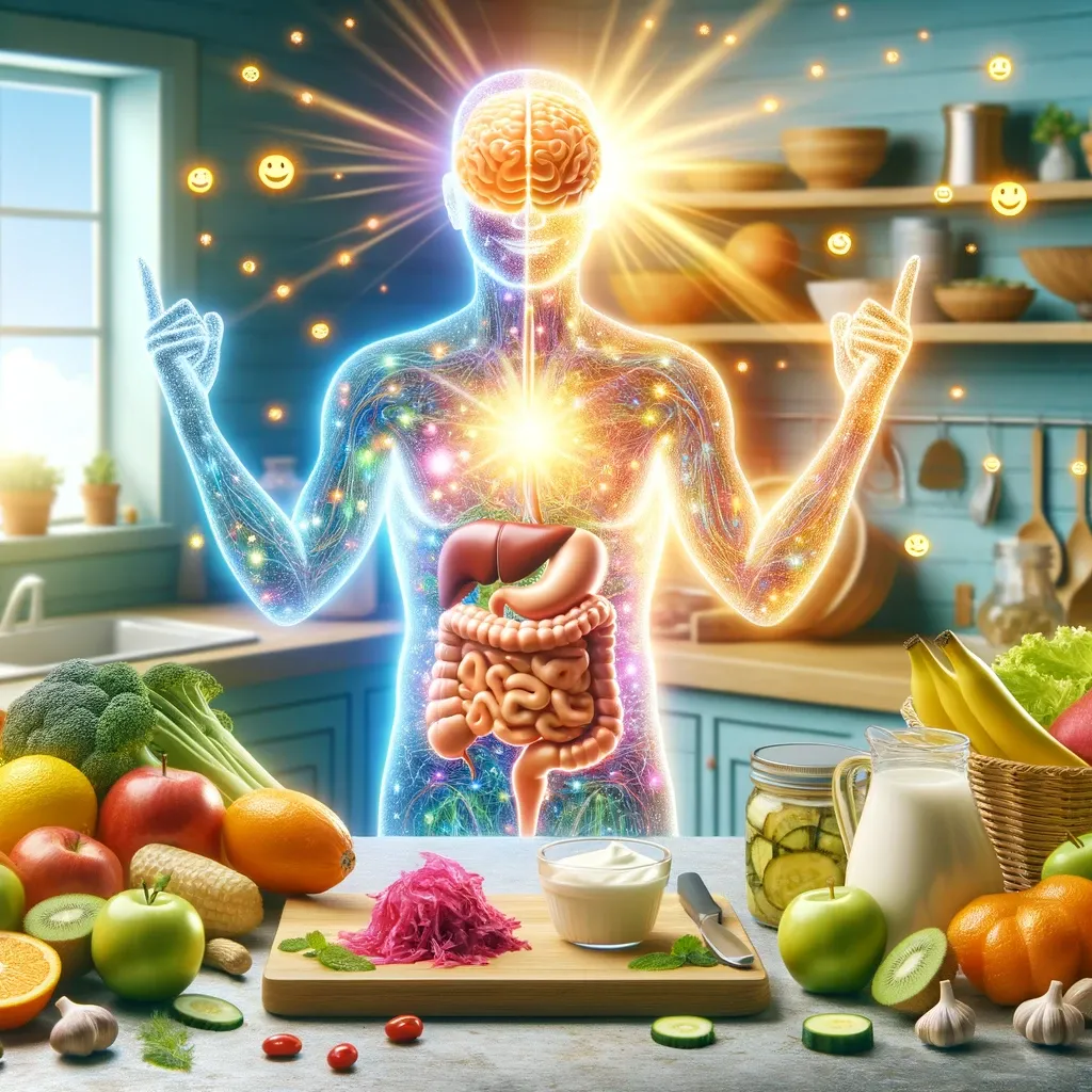 A bright, energetic kitchen scene featuring a countertop scattered with colorful fruits, veggies, and fermented foods like yogurt and sauerkraut. On one side of the scene, a transparent human figure showcases the digestive system glowing with 'happy faces' to symbolize a healthy gut. On the opposite side, there's a brain-shaped cloud emitting rays of sunshine, highlighting the gut-brain connection. The overall atmosphere is vibrant and cheerful, symbolizing the harmony between gut health and brain health.