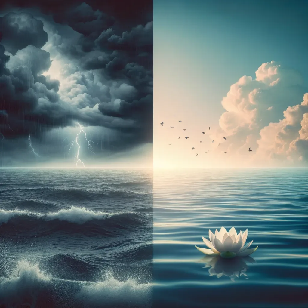 Photo of a split-screen ocean scene. On the left, the ocean is tumultuous with dark clouds and lightning, embodying a stressed and chaotic mind. On the right, the sea is serene and calm, bathed in a soft glow. A single lotus flower floats peacefully on this side, symbolizing the tranquility and clarity achieved through mindfulness.