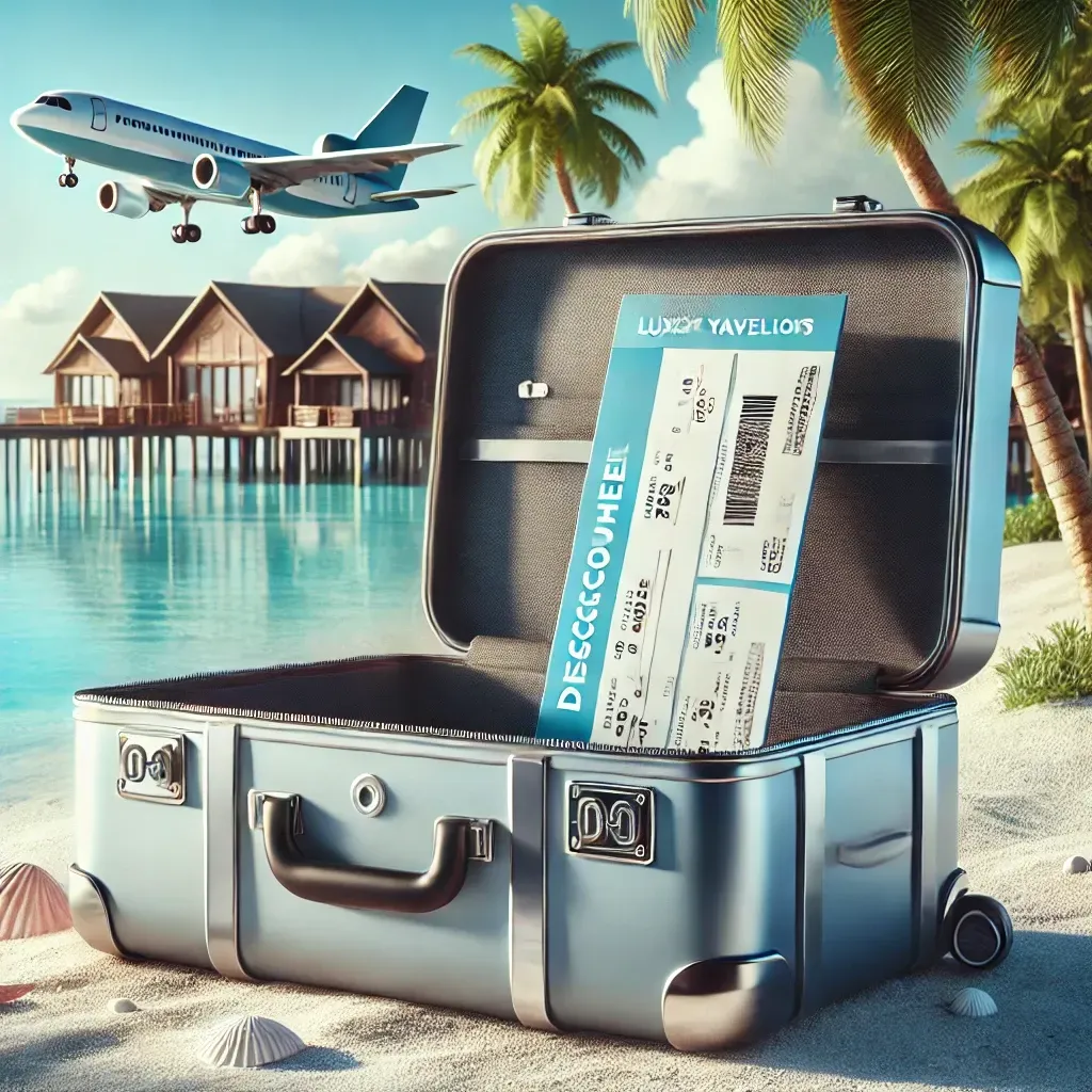 An open luxury suitcase with an airplane ticket resting on top, set against a tropical beach resort with palm trees, crystal blue water, and a beachfront villa, symbolizing affordable luxury travel and adventure.