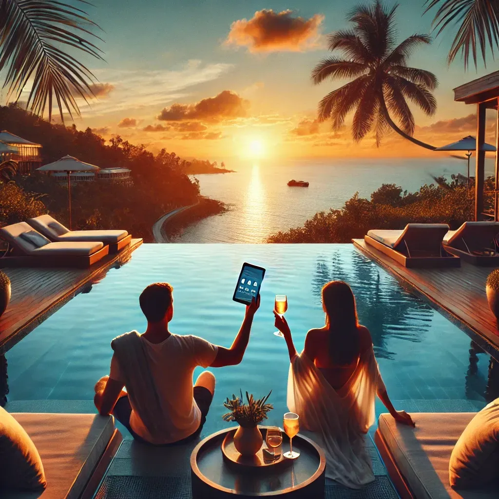 A couple relaxing at a luxury resort during sunset, enjoying an infinity pool with a scenic ocean view, surrounded by tropical palm trees, evoking the feeling of financial freedom and serene travel experiences.