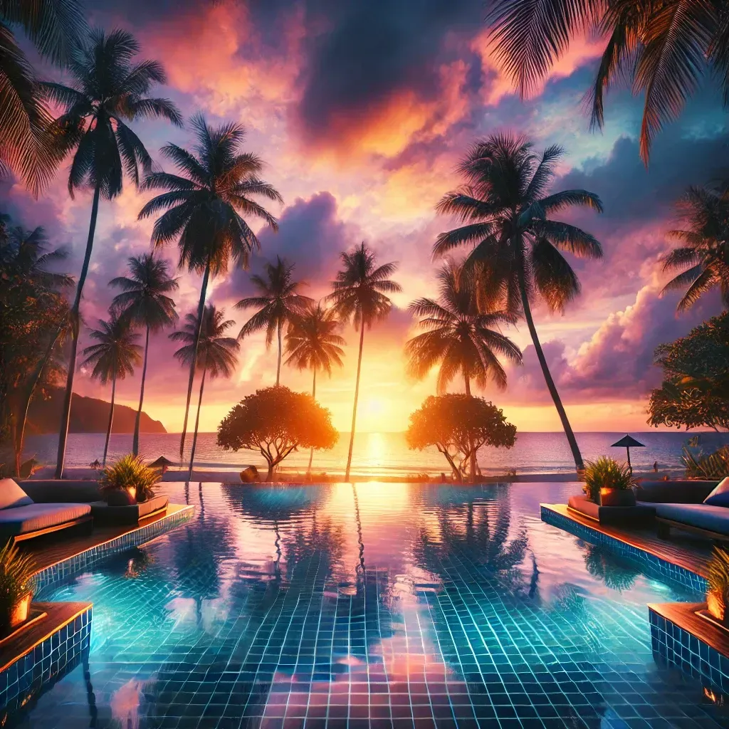 A luxurious infinity pool overlooking the ocean at sunset, framed by palm trees and vibrant orange and pink skies, evoking the beauty and serenity of tropical luxury travel.