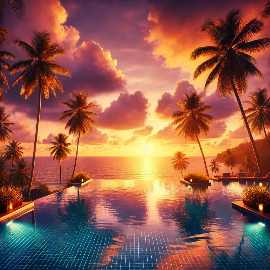 A luxurious infinity pool overlooking the ocean at sunset, with palm trees and warm orange, pink, and purple hues reflecting on the water, evoking a serene and tranquil tropical luxury travel experience.