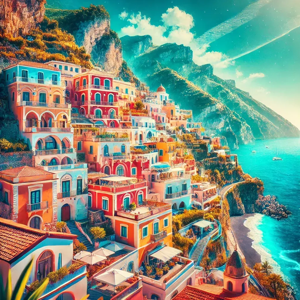 A vibrant view of the Amalfi Coast in Southern Italy, featuring colorful houses perched on cliffs overlooking the blue waters of the Tyrrhenian Sea, representing luxury travel and adventure.