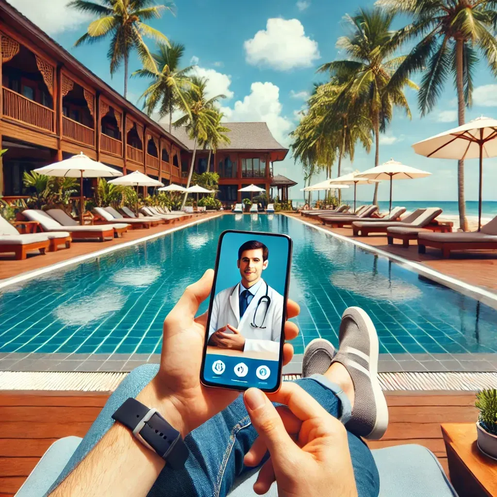 A traveler sitting by a tropical hotel pool, using their smartphone to consult with a doctor via telemedicine, symbolizing healthcare convenience and relaxation while traveling.