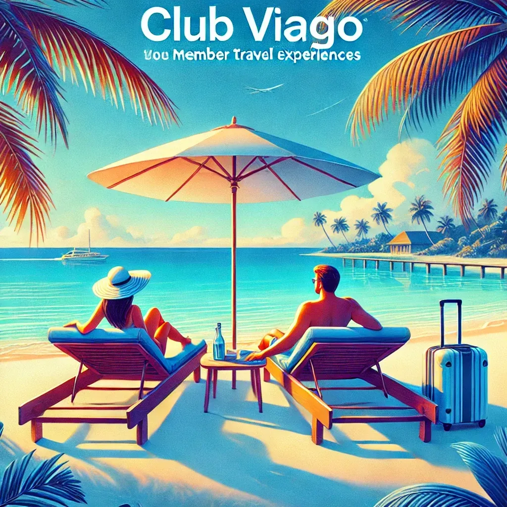 A couple relaxing on lounge chairs under a beach umbrella by the ocean, representing luxury travel and the exclusive vacation perks of Club Viago members.