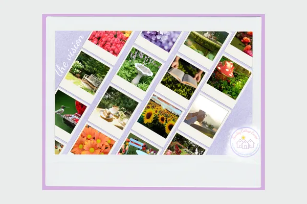 A collage of polaroid-style photos showcasing the essence of Sunday Cottage Escape: blooming flowers, bird baths, hummingbirds in flight, a bistro table with coffee, and quiet moments of journaling and reading in a lush grassy setting.