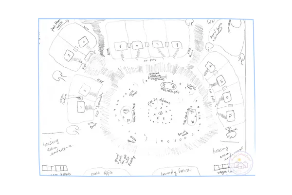 Hand-drawn map sketch of the Sunday Cottage Escape vision — tiny homes, gardens, and peaceful community paths representing the dream of a retreat started at age 52.
