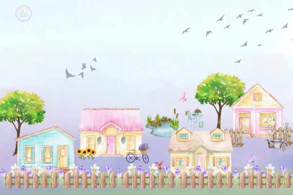 Illustrated pastel cottages with gardens, flowers, birds, and a picket fence, representing slow living, peace, and intentional retreat life.