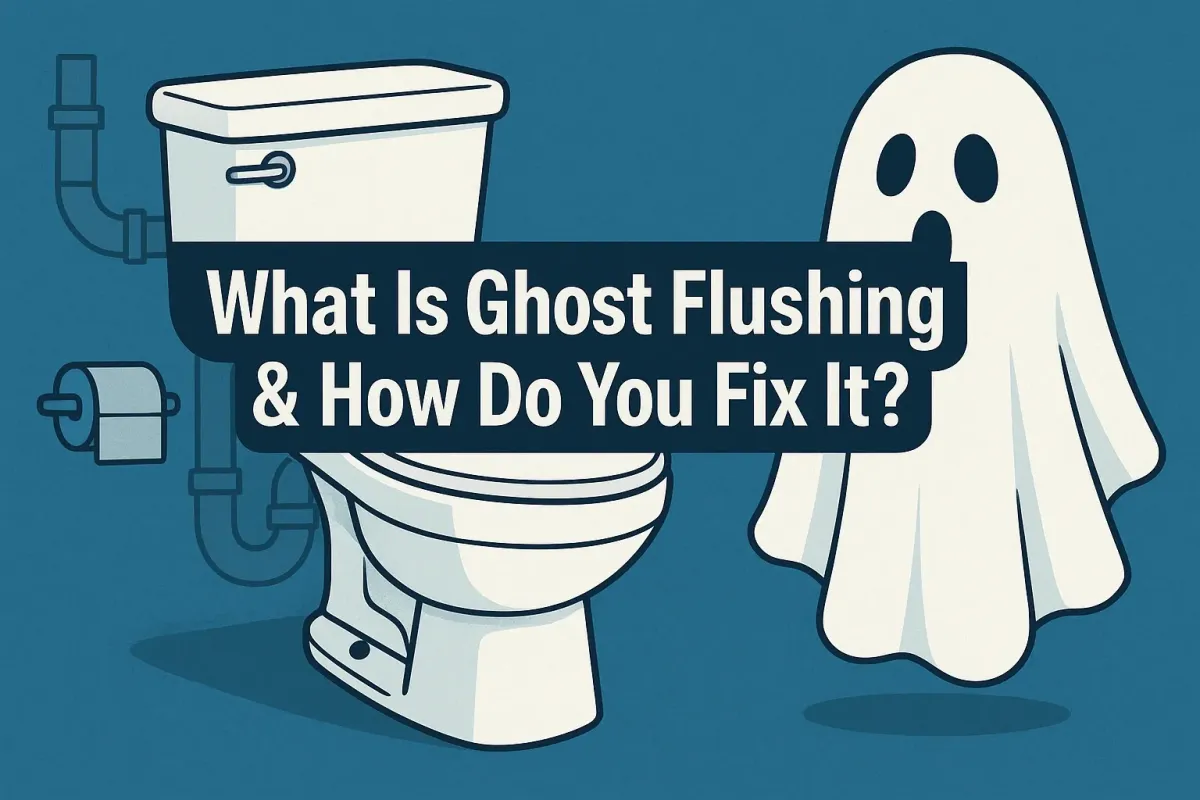 A cartoon-style illustration of a white toilet on the left and a friendly ghost on the right, with plumbing pipes and toilet paper in the background. Overlaid text reads: "What Is Ghost Flushing & How Do You Fix It?"