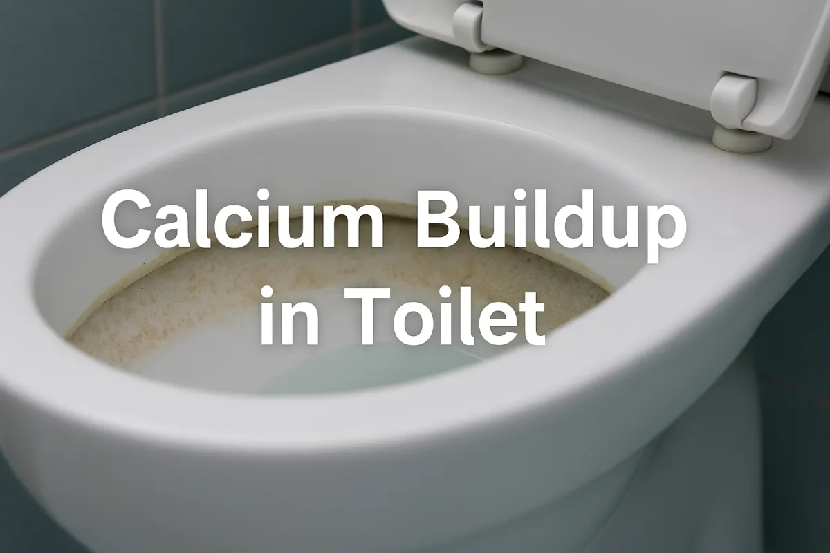 A close-up image of a white toilet bowl with visible calcium buildup forming a brownish ring around the waterline. Overlaid bold white text reads: "Calcium Buildup in Toilet."