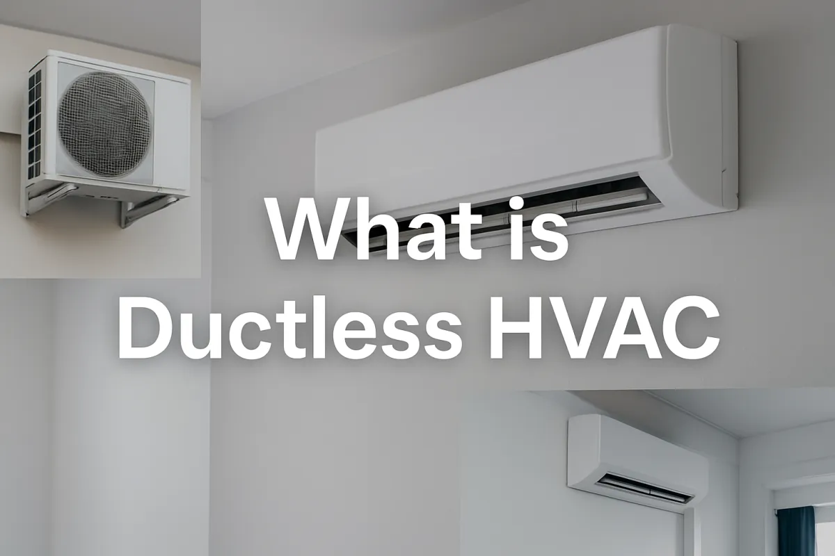 Horizontal collage showing a modern ductless HVAC system, including a wall-mounted indoor unit, an outdoor condenser unit, and a second interior view, with bold text overlay reading “What is Ductless HVAC.”