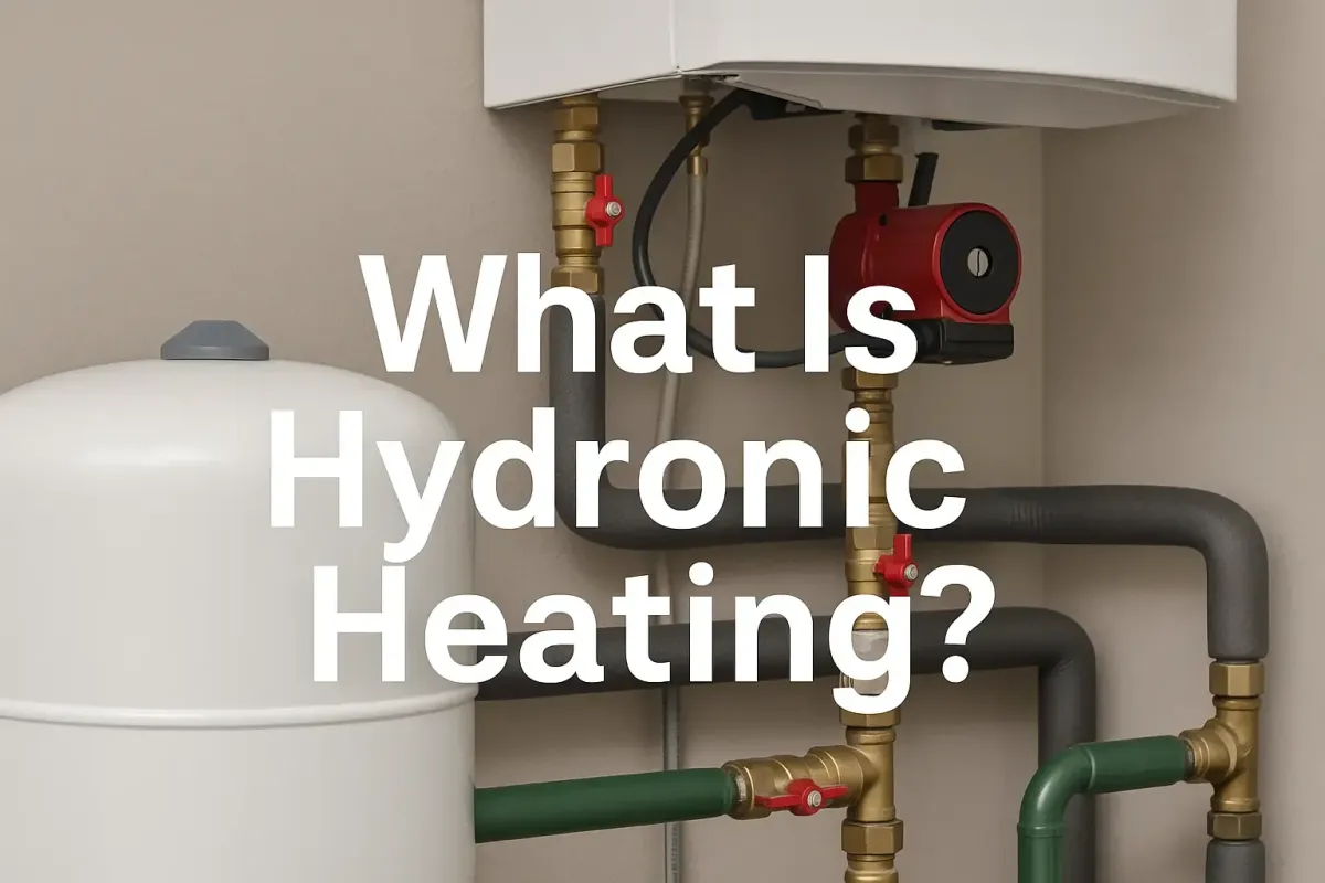 Hydronic heating system with pipes, valves, and a boiler, overlaid with text that reads “What Is Hydronic Heating?”