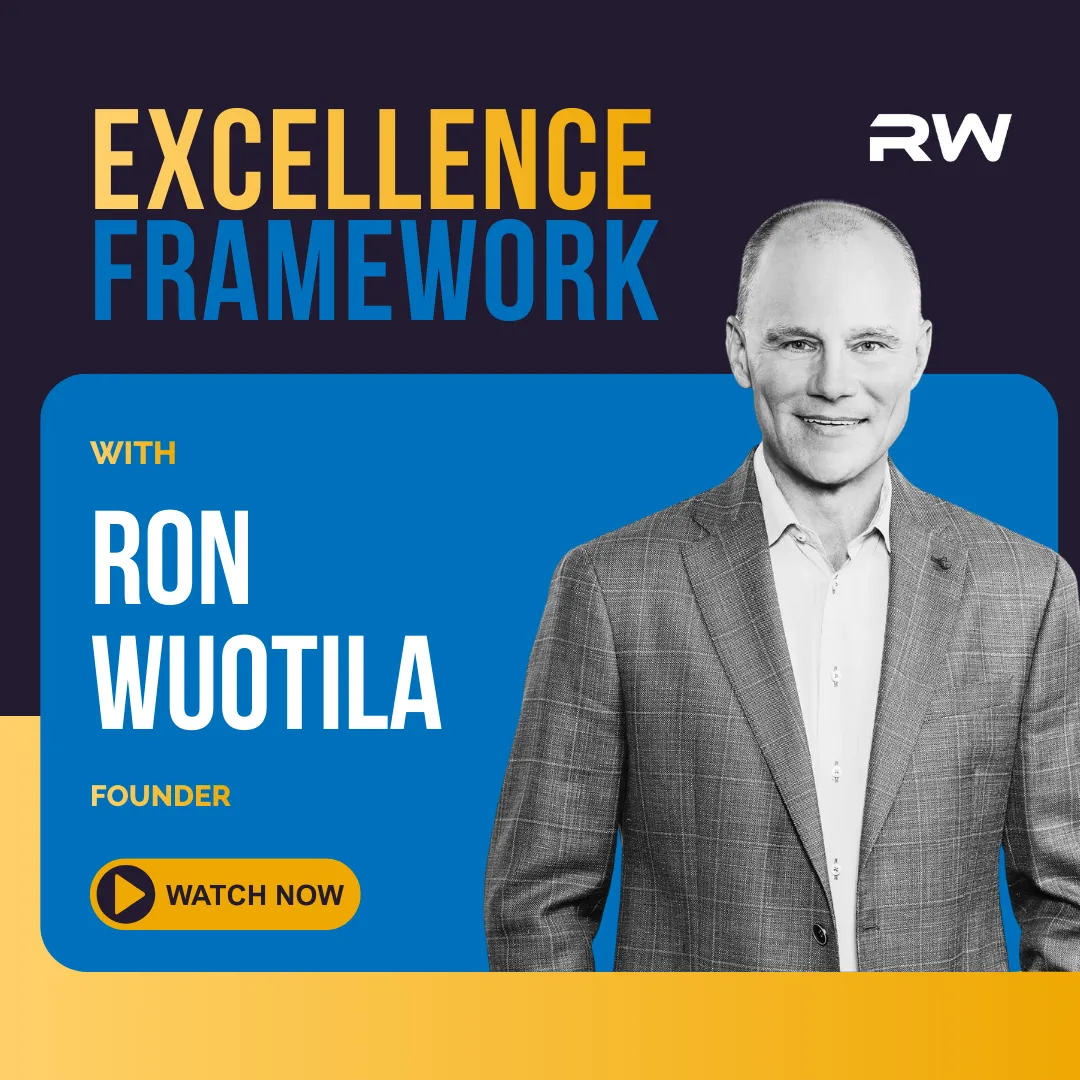 Photo of a smiling Ron Wuotila in a navy polo shirt with 'RW' embroidered on the chest, standing with hands on hips against a black background. Bold yellow text across the image reads 'Take a Swing' above a yellow microphone icon and soundwave graphic. A blue circular button in the top right says 'Play Now' in white text.