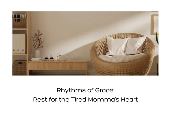 Cozy wicker chair with soft pillows in a sunlit, peaceful corner—representing rest and grace-filled rhythms for a tired mom’s heart.