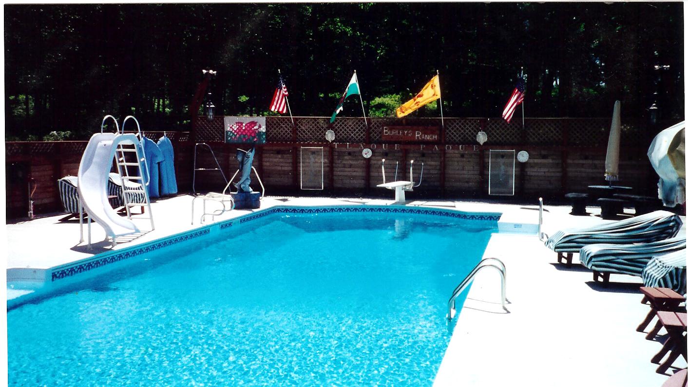Inground pool with a diving board and step rail