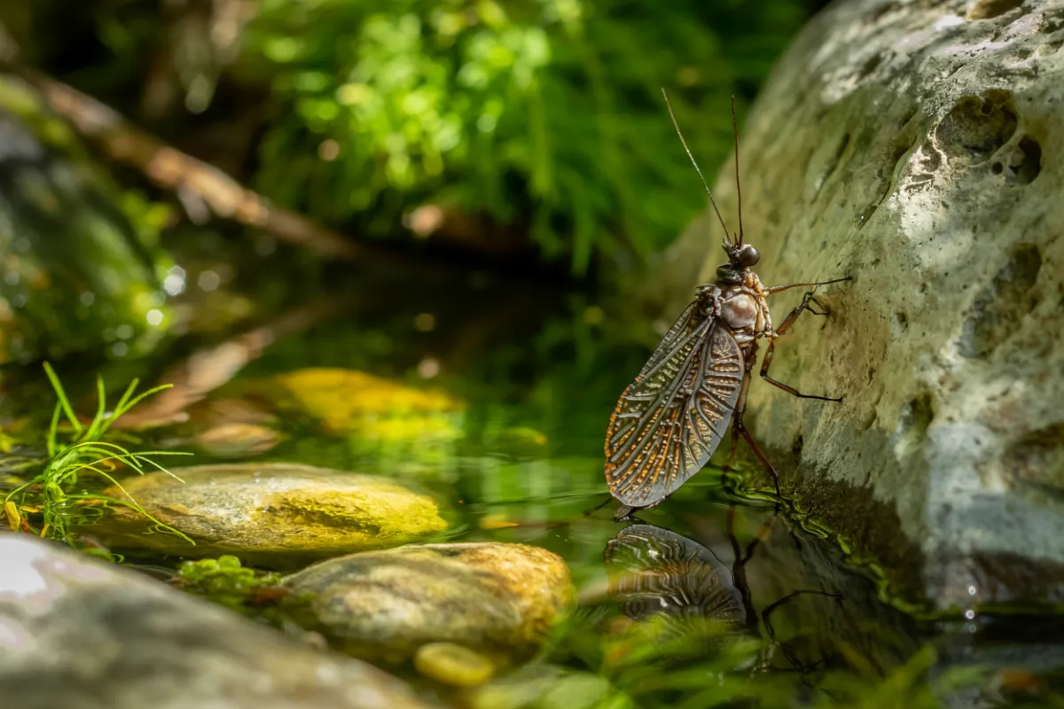 Mayfly stonefly clinging to a moss-covered rock