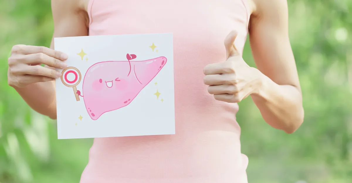Female holding animated picture of a pink liver