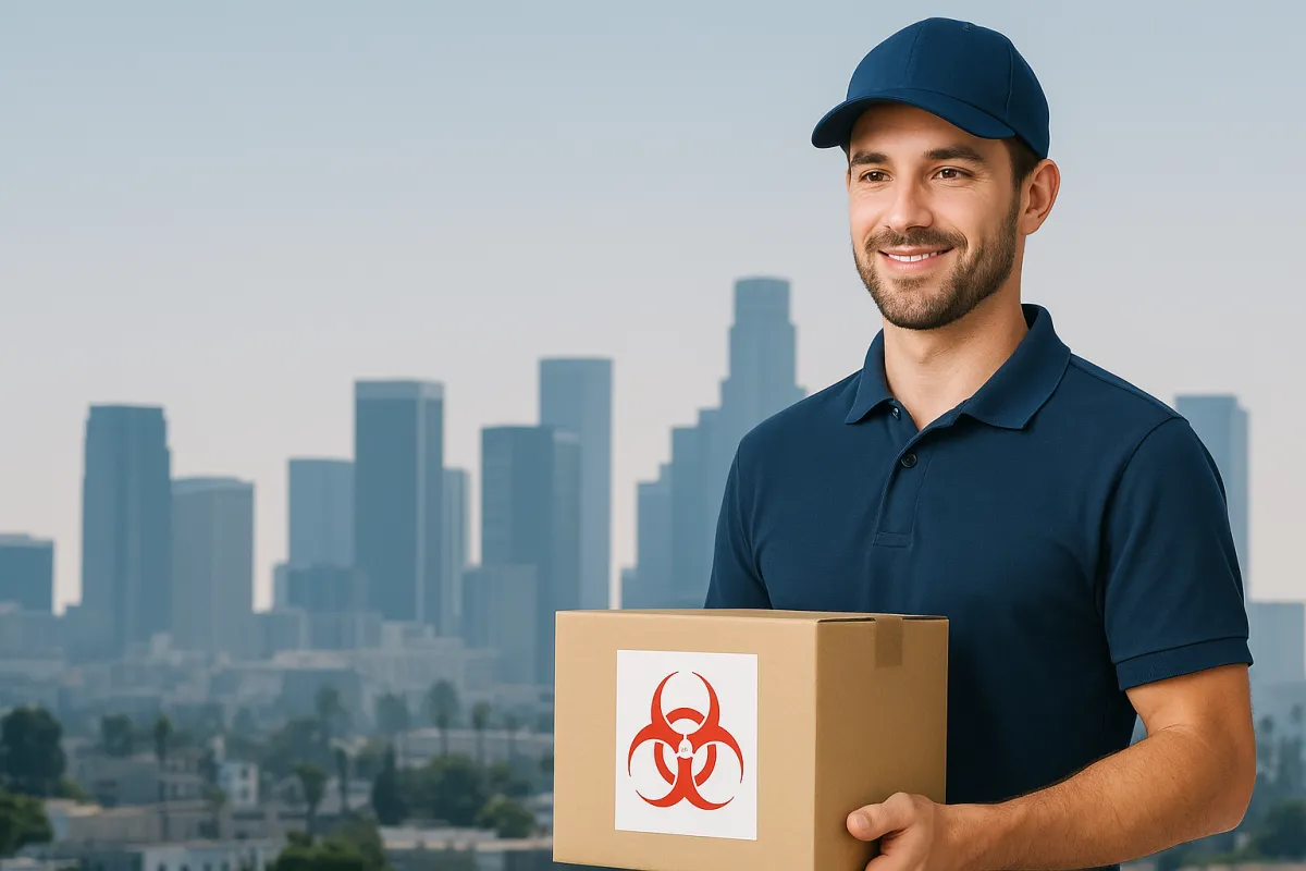 A professional medical courier wearing a navy uniform holds a biohazard-marked package with the Los Angeles skyline in the background, symbolizing same-day pharmacy deliveries and healthcare logistics.