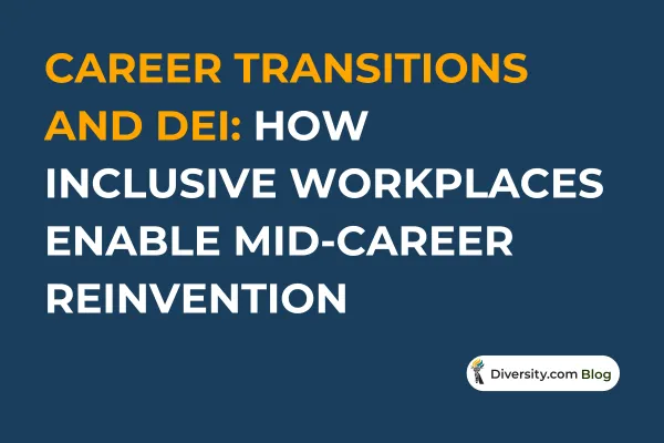 Text graphic with a dark blue background reading: ‘Career Transitions and DEI: How Inclusive Workplaces Enable Mid-Career Reinvention’ in bold white and orange font. A Diversity.com Blog label is positioned in the bottom right corner.