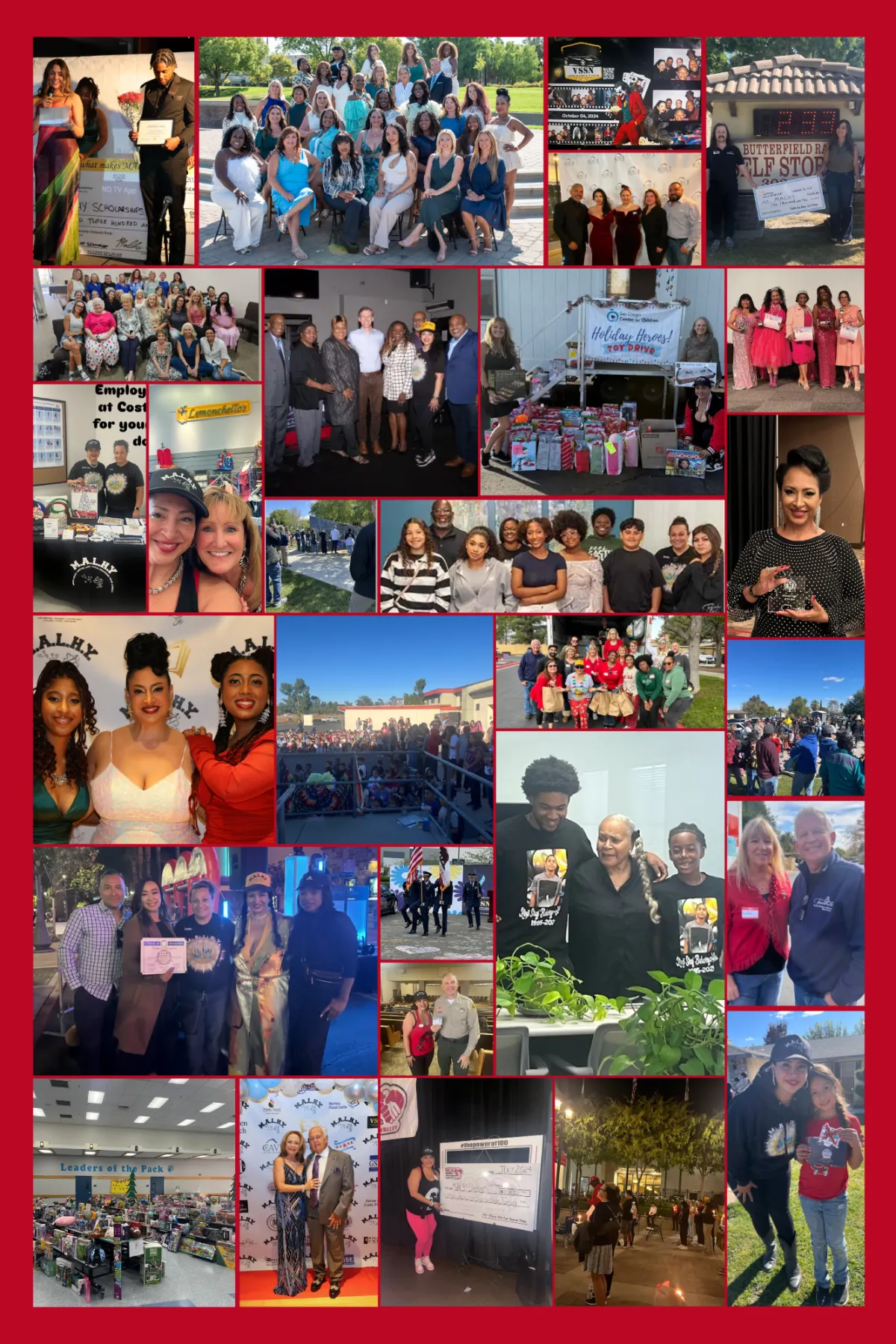 Collage of impactful moments from M.A.L.H.Y. throughout 2024, showcasing events, community initiatives, and youth support programs that contributed to surpassing the $50,000 fundraising goal