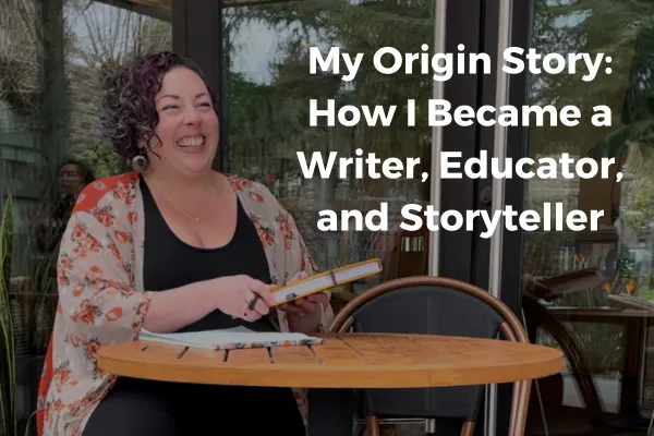 Me sitting at a cozy writing table with an open notebook