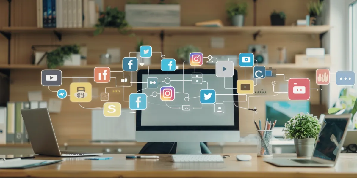 Real estate agent using various social media platforms like Facebook, Instagram, LinkedIn, and Twitter to engage with clients and share content in a modern office.