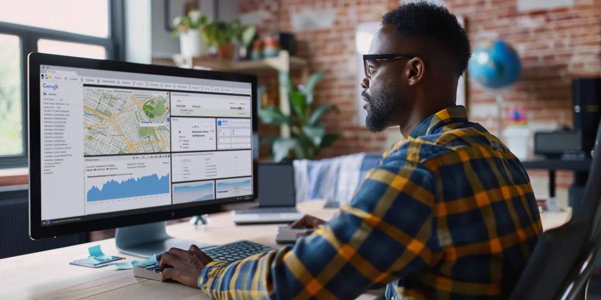 A business owner reviewing Google Local Services Ads performance metrics on a laptop.