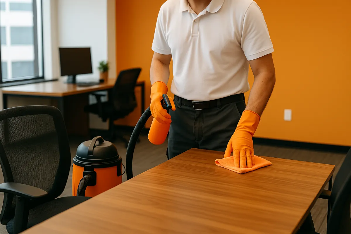 Professional cleaner wearing orange gloves sanitizing a wood conference table in a modern Tampa office with a spray bottle and vacuum nearby, featuring bright orange accent walls.
