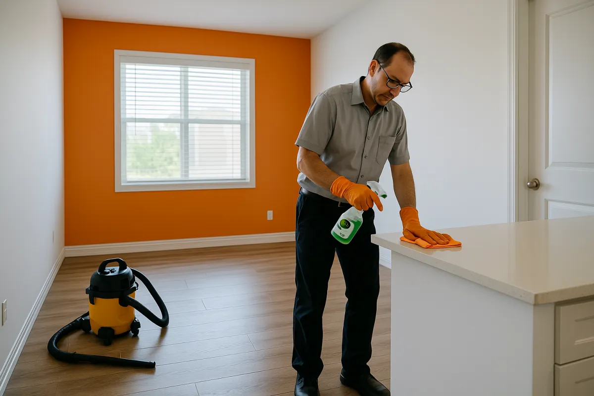 Professional male cleaner wearing orange gloves sanitizing a white countertop in a vacant Tampa home during a move-out cleaning, with a vacuum on light wood floors and an orange accent wall in the background.