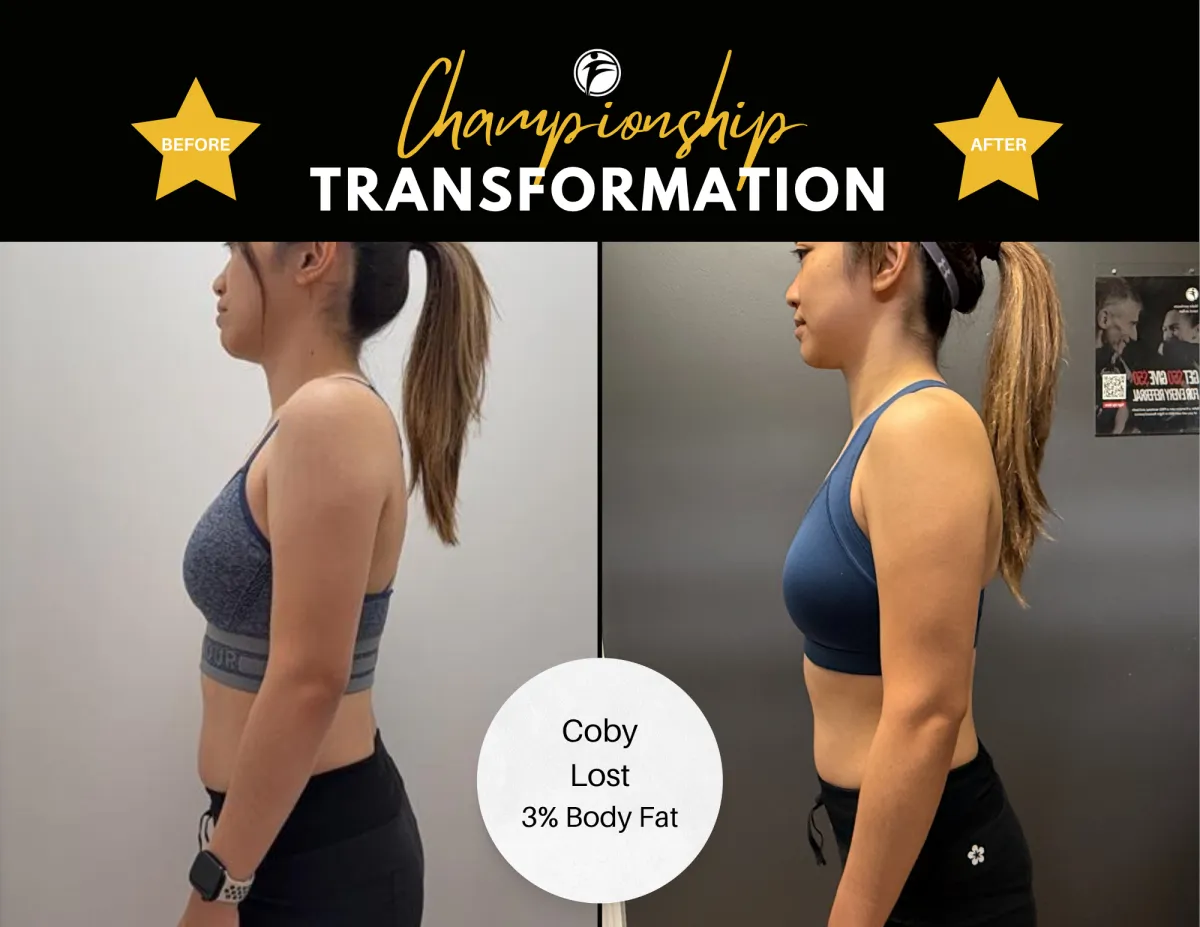 Before and after photo of Coby Ng, a 31-year-old analyst, who lost 3% body fat and improved her endurance through Fight Fitness kickboxing and functional training program in Markham.