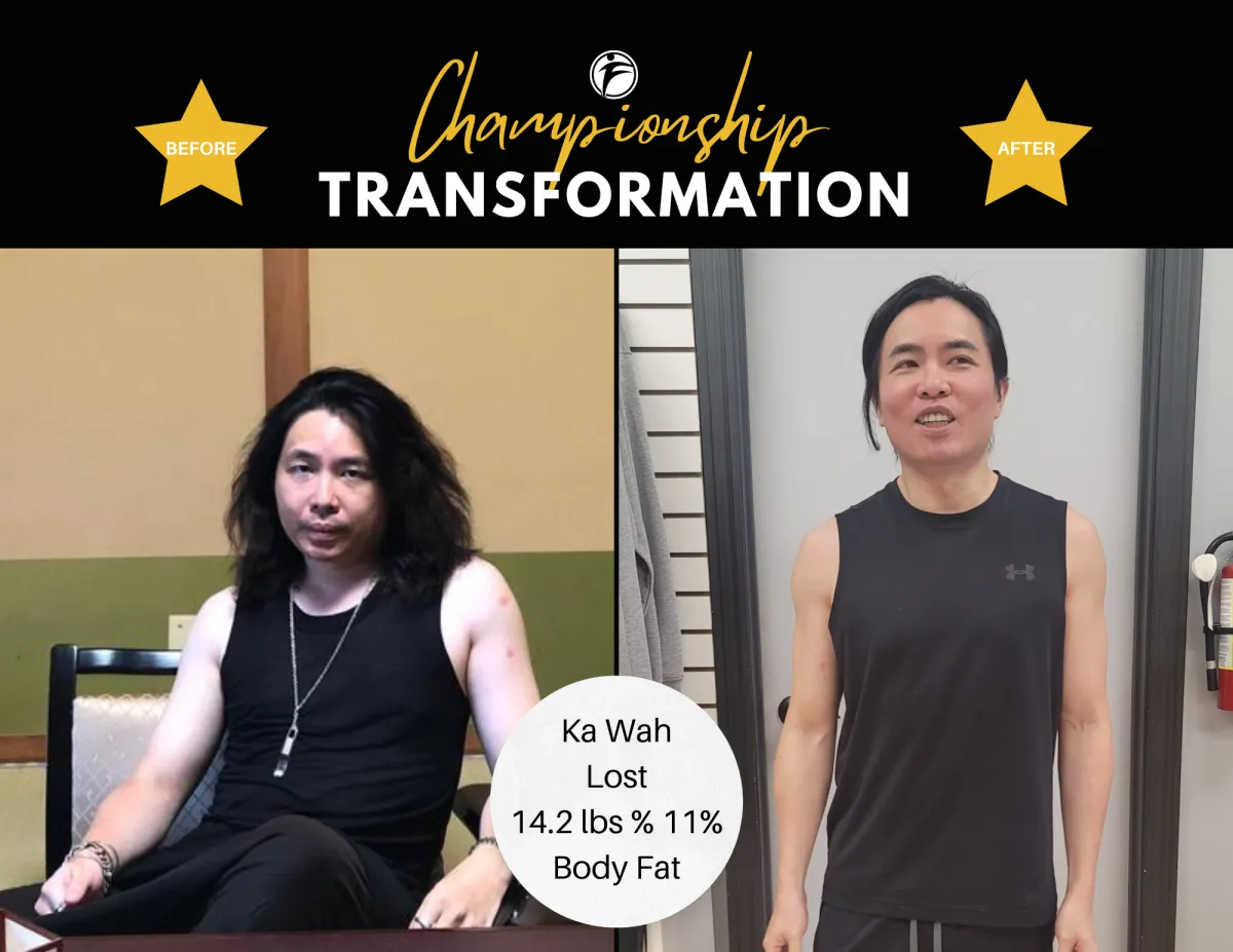 Side-by-side before and after photos of Ka Wah, a 40-year-old Fight Fitness member, showing noticeable fat loss and increased muscle definition after 5–6 months of training.