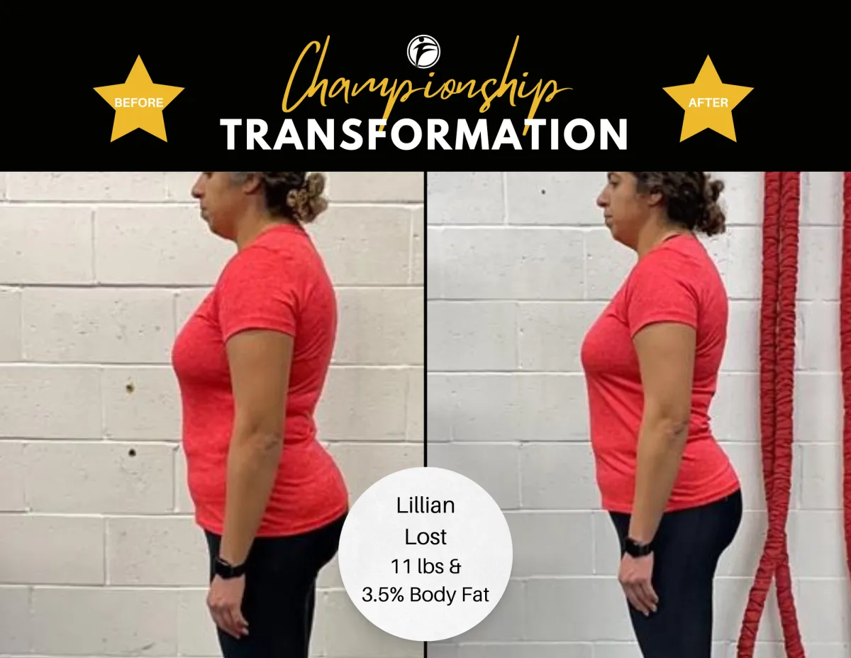 Lillian’s 6-week weight loss transformation at Fight Fitness, showing 11 lbs lost and noticeable body composition improvements.