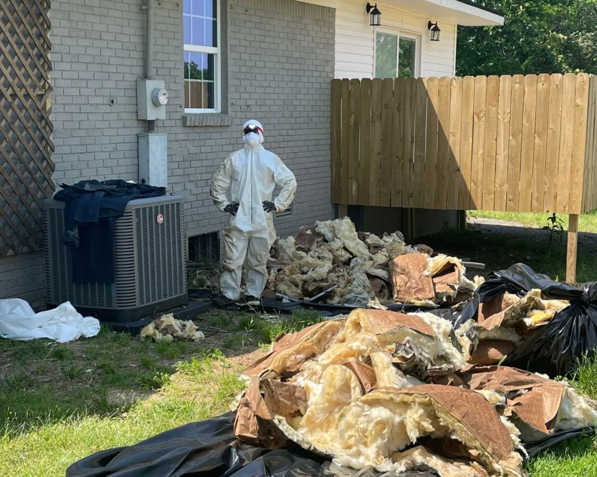 Crawl Space Technician removing damaged and wet insulation from crawl space.
