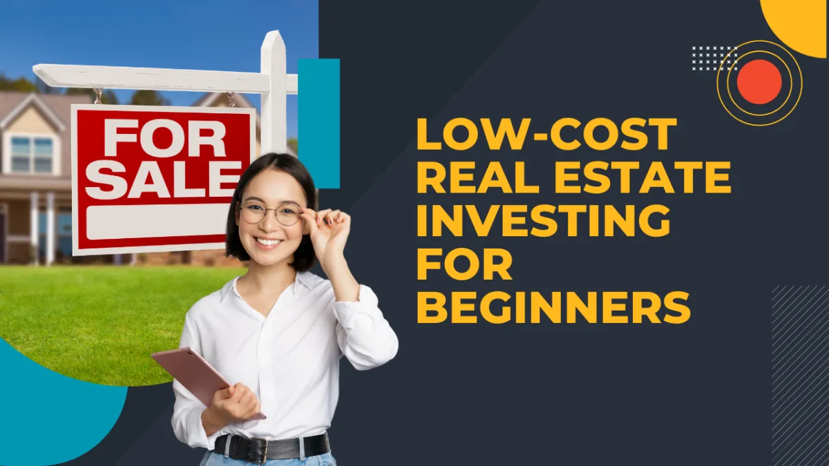 female in front of house for sale sign with title low cost real estate investing