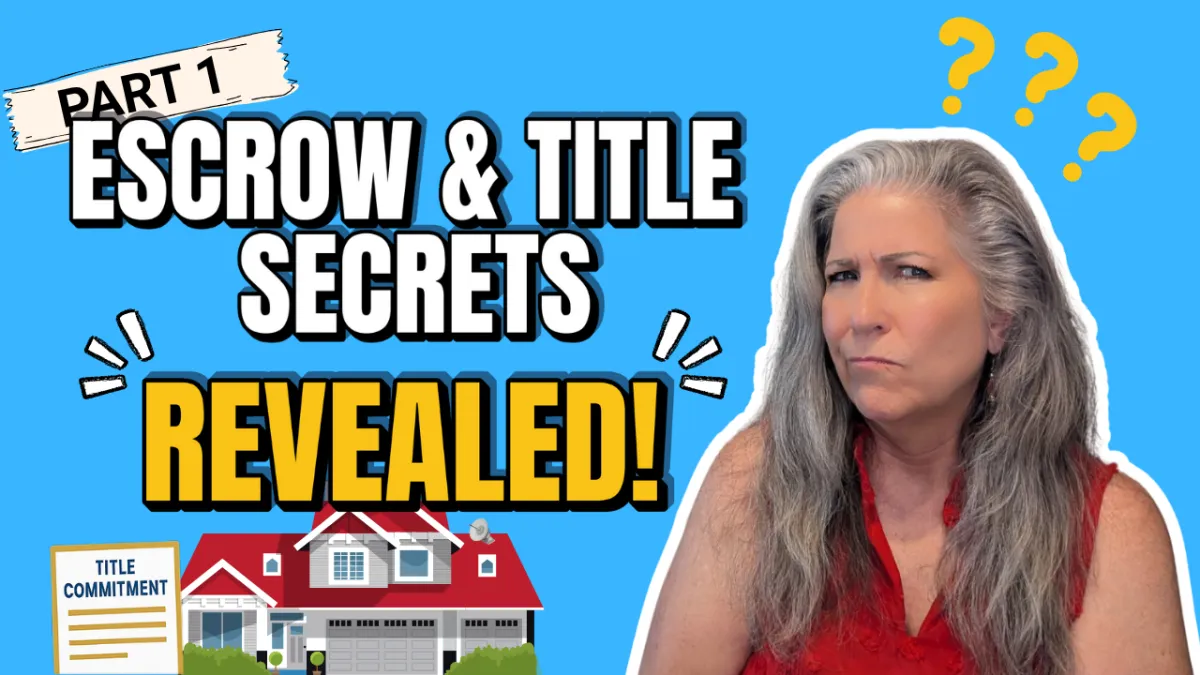 Judith Barnett with a skeptical expression, wearing a red top, standing next to bold text that reads “Part 1: Escrow & Title Secrets REVEALED!” with a cartoon house, title commitment document, and question marks on a blue background.