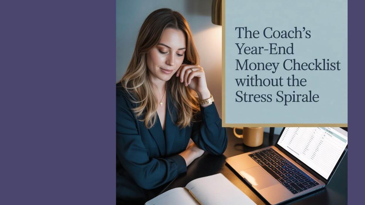 A modern, minimalist flat-lay scene of a female business coach’s desk — open laptop displaying a spreadsheet, coffee mug, notepad with “Year-End Money Checklist” written neatly, gold pen, and soft neutral background. The style should feel calm, confident, and organized — professional but approachable. Use warm lighting, a hint of teal or sage green for brand calm, and subtle accents of gold or beige. Overlay title text: “The Coach’s Year-End Money Checklist (Without the Stress Spiral)”.