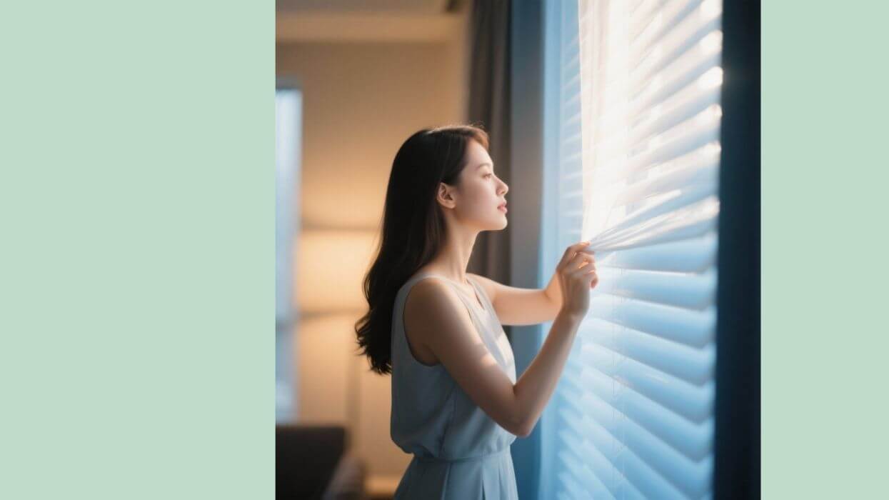 Modern concept image of woman pulling back curtain or opening blinds to bright light, symbolizing awareness and financial clarity, warm tones with blue accents, soft focus background, 600x400.”