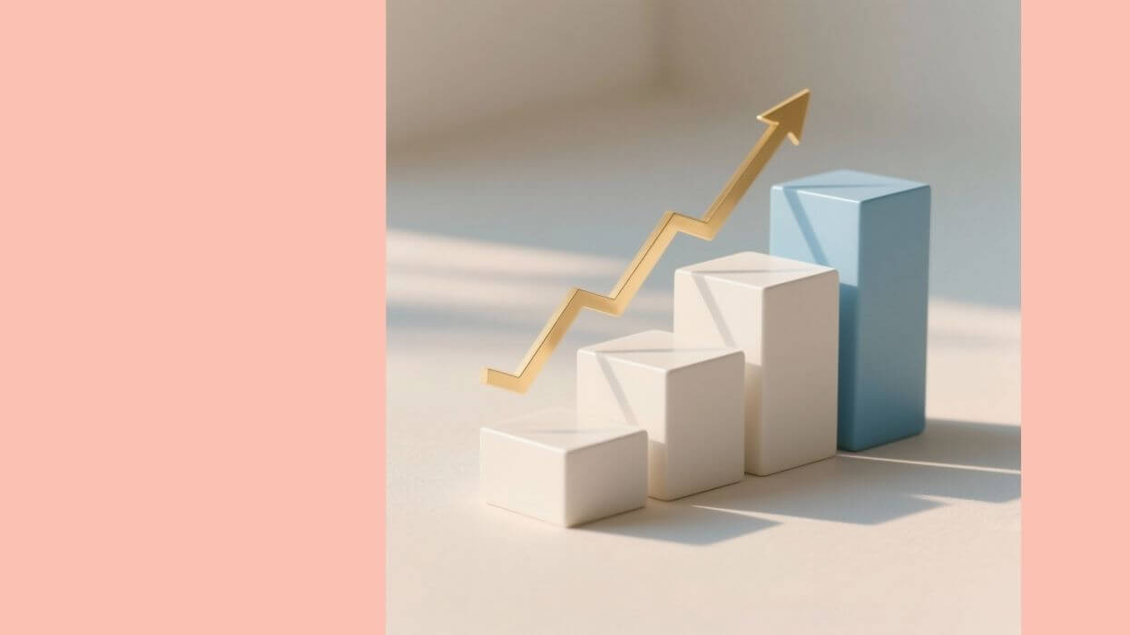 Minimalist concept image showing four ascending steps or stacked blocks symbolizing growth, soft natural light, neutral background with subtle gold and blue accents, calm and professional tone, modern flat lay style