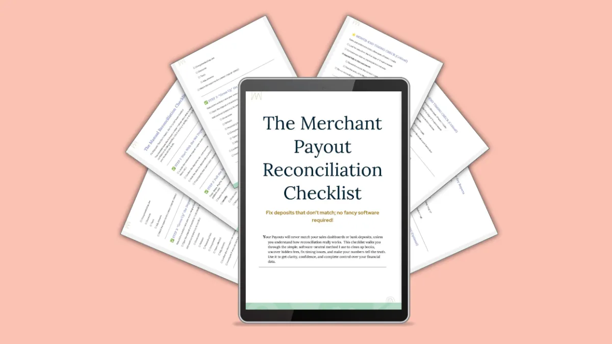 "A digital tablet displaying the cover page titled 'The Merchant Payout Reconciliation Checklist,' surrounded by preview pages of the checklist fanned out behind it."