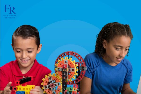 Two children exploring hands-on STEM education activities with learning toys against a blue gradient background