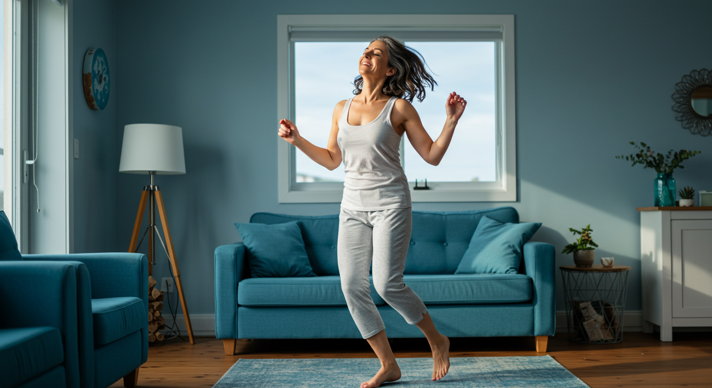 A joyful woman dances barefoot in her living room, eyes closed and smiling as sunlight streams in. The relaxed, cozy setting reflects how movement can restore emotional and spiritual peace.