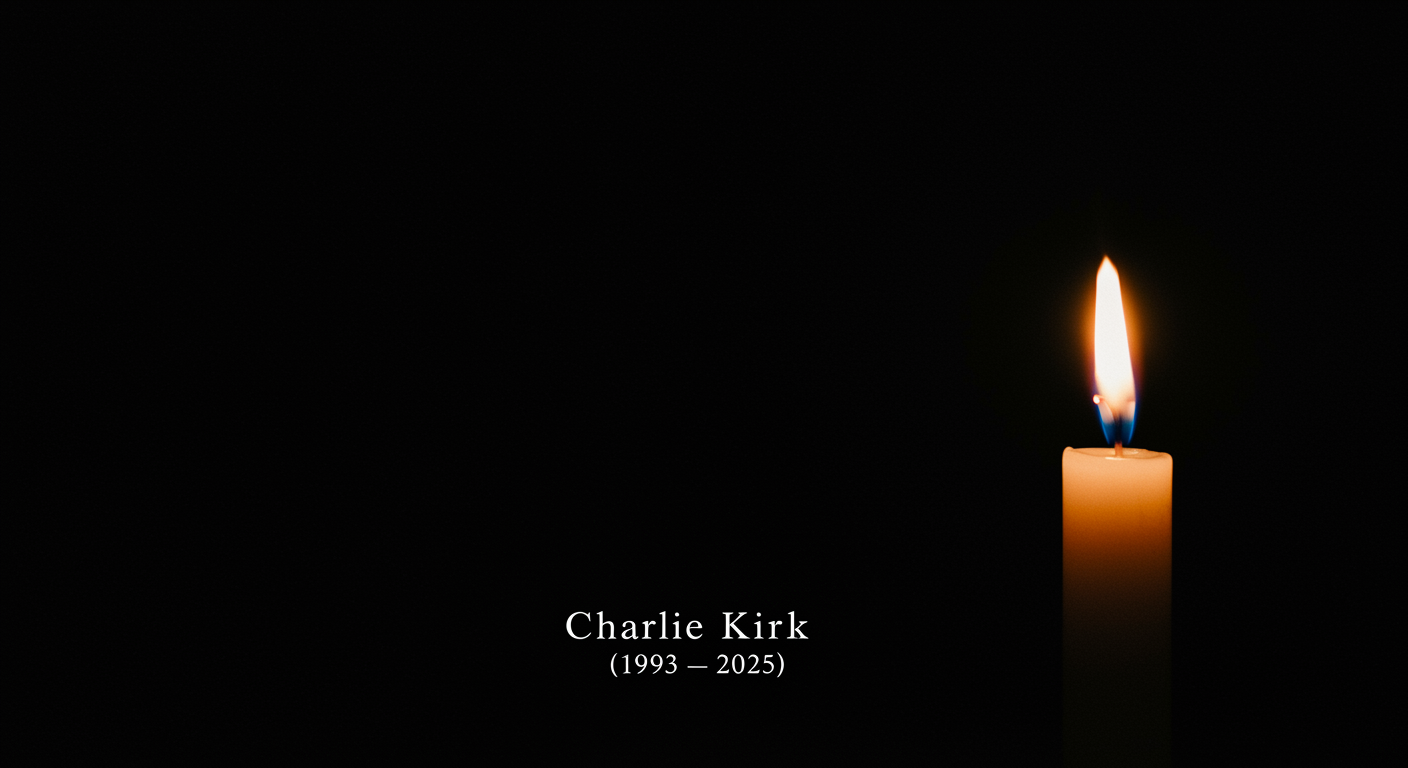 A single candle burning in darkness with warm light glowing against a black background, with the text “Charlie Kirk (1993–2025)” displayed beneath the flame.