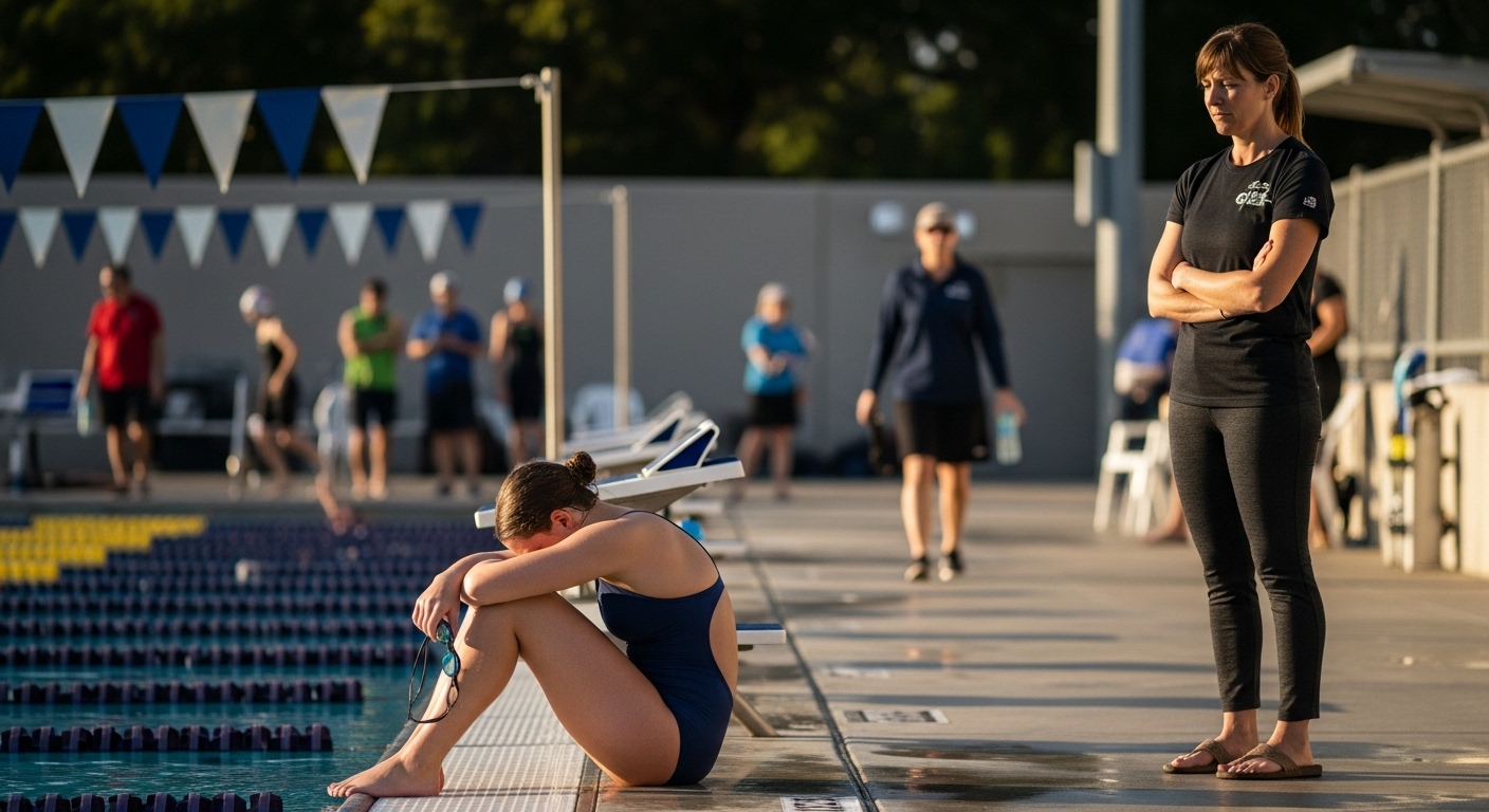 Mother and teen swimmer outdoors at a swim meet, sharing an honest emotional moment after a tough race.