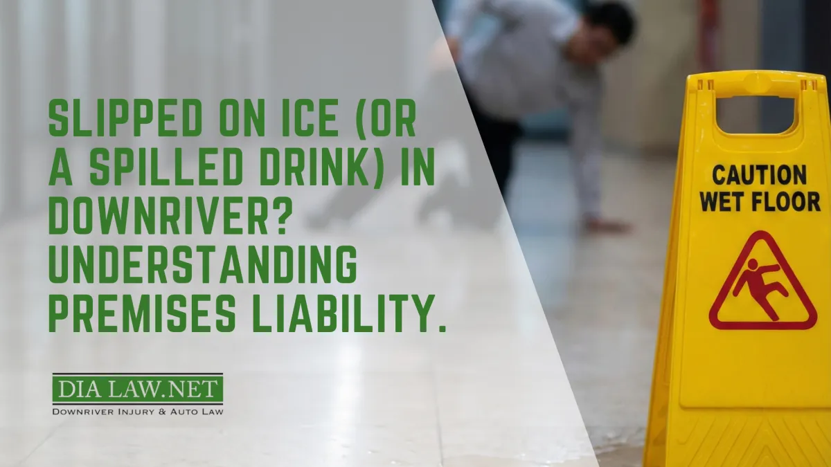 A yellow caution sign standing on a wet floor in a commercial aisle, representing slip and fall hazards in Downriver Michigan.