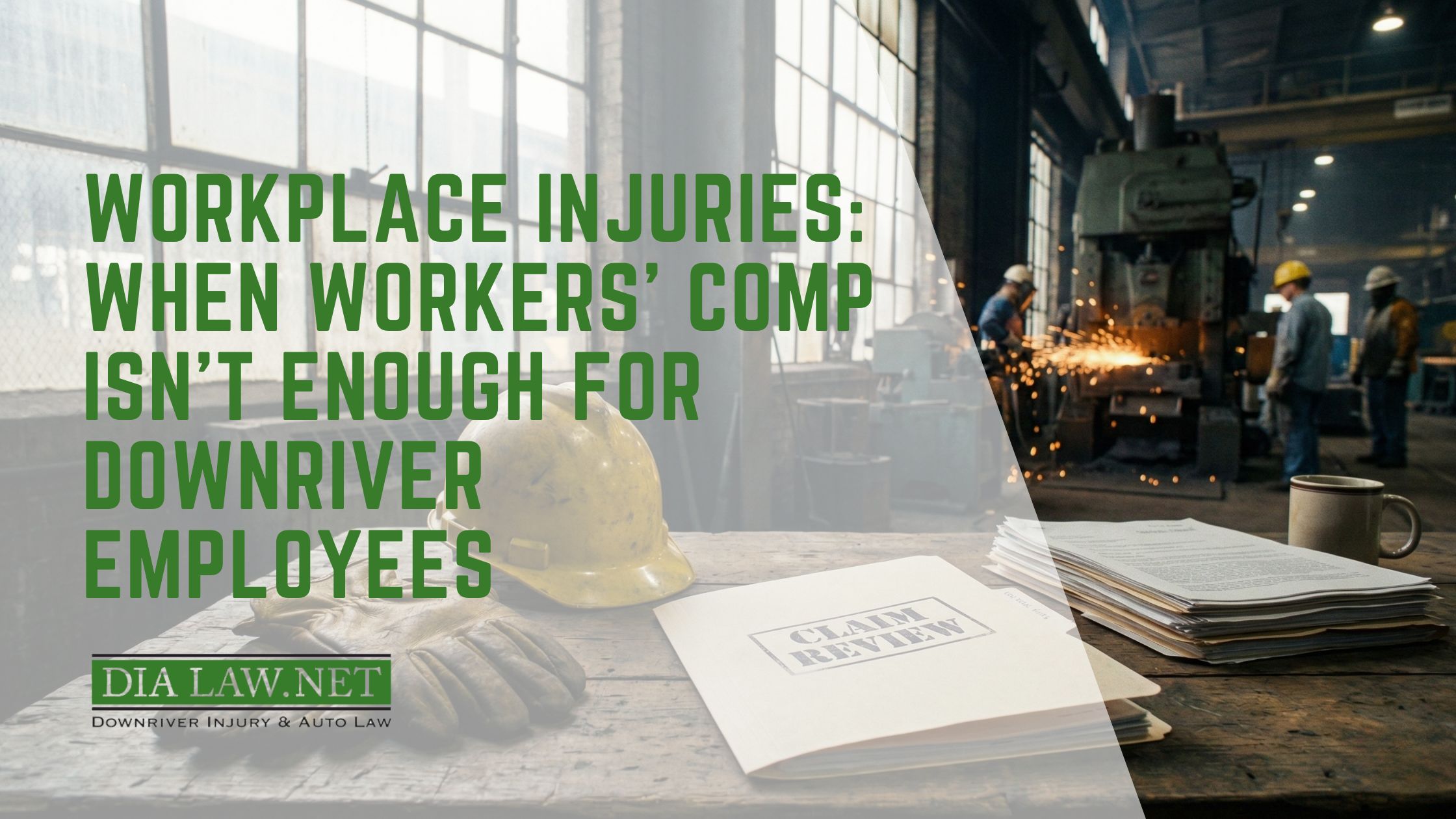 A close-up of a construction worker's hard hat and gloves resting on a blueprint table, with an out-of-focus industrial factory background.